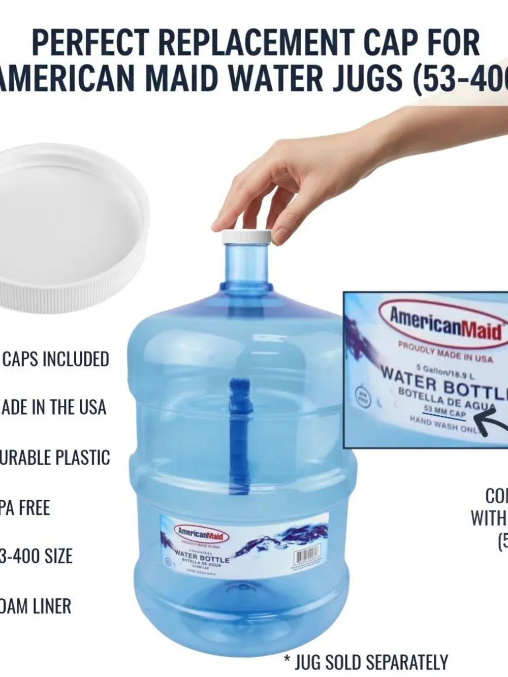 Threaded/Screw-On Caps for 3 and 5 Gallon Water Bottle Jugs (3 pk) (53mm, White)